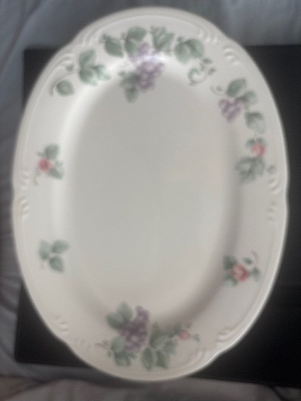 Pfaltzgraff Cream Oval Serving Platter with Green Leaves and Purple Flowers